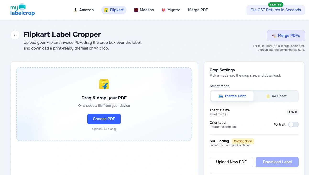 Upload Amazon, Flipkart or Meesho Label PDF