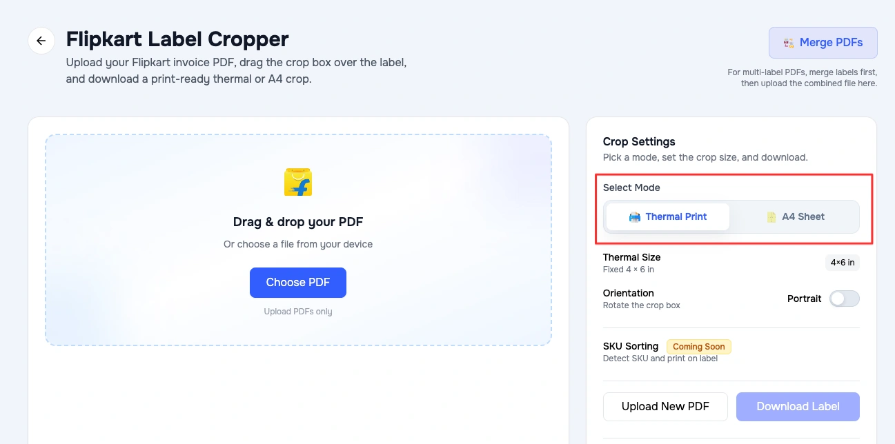 Select Thermal or A4 Mode for Label Crop
