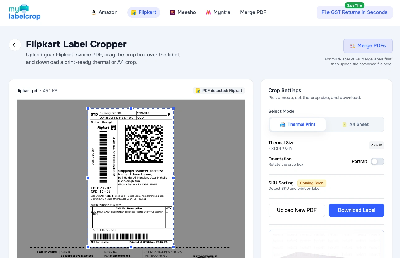 Crop Flipkart or Amazon Shipping Labels